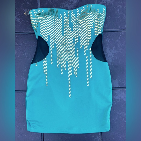 Vintage Charlotte Russe Strapless Teal Dress Size L Gold Accents Side Cut Outs - Picture 1 of 6